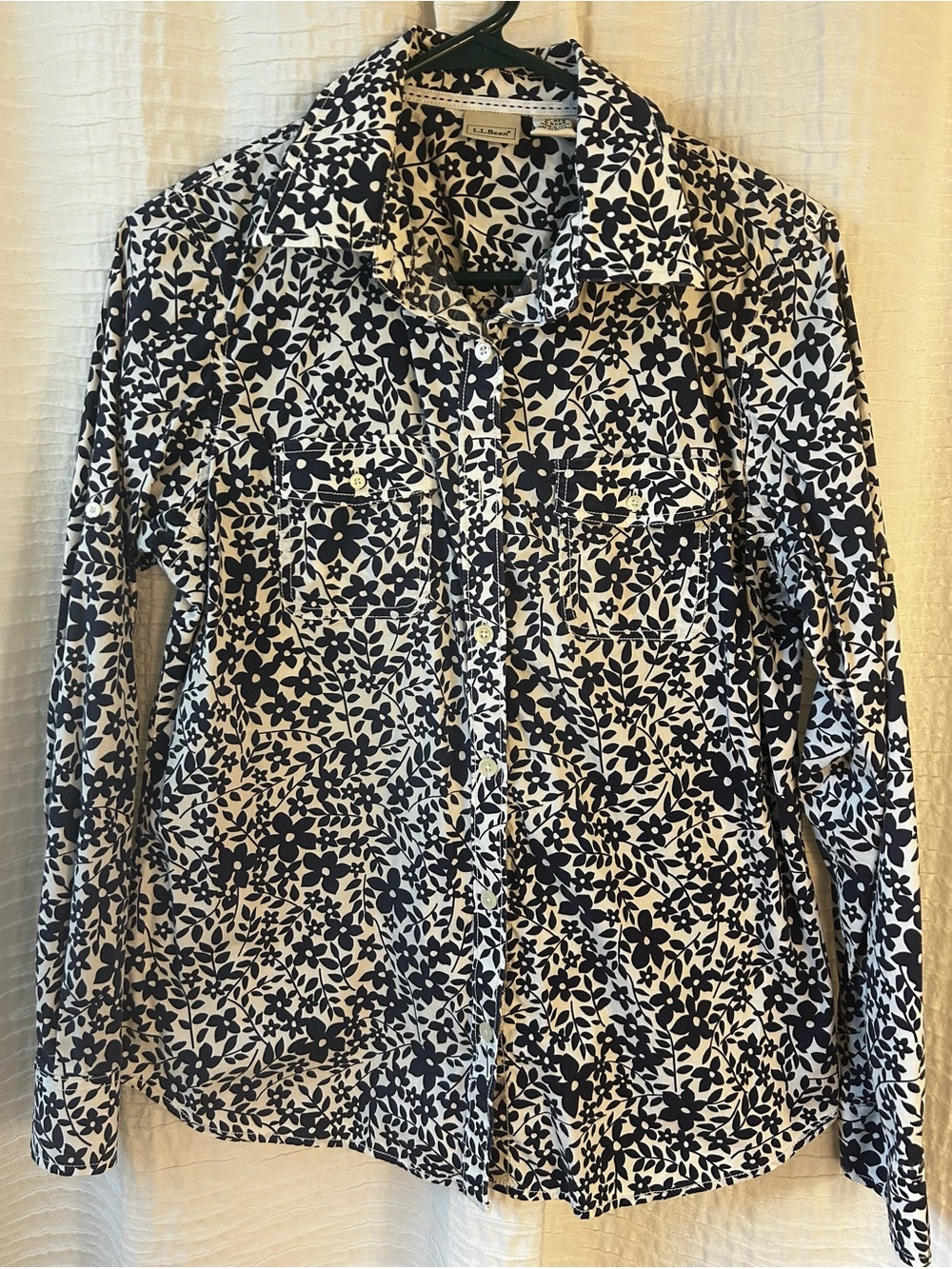 L.L. Bean Navy and White Floral Button-Front Shirt